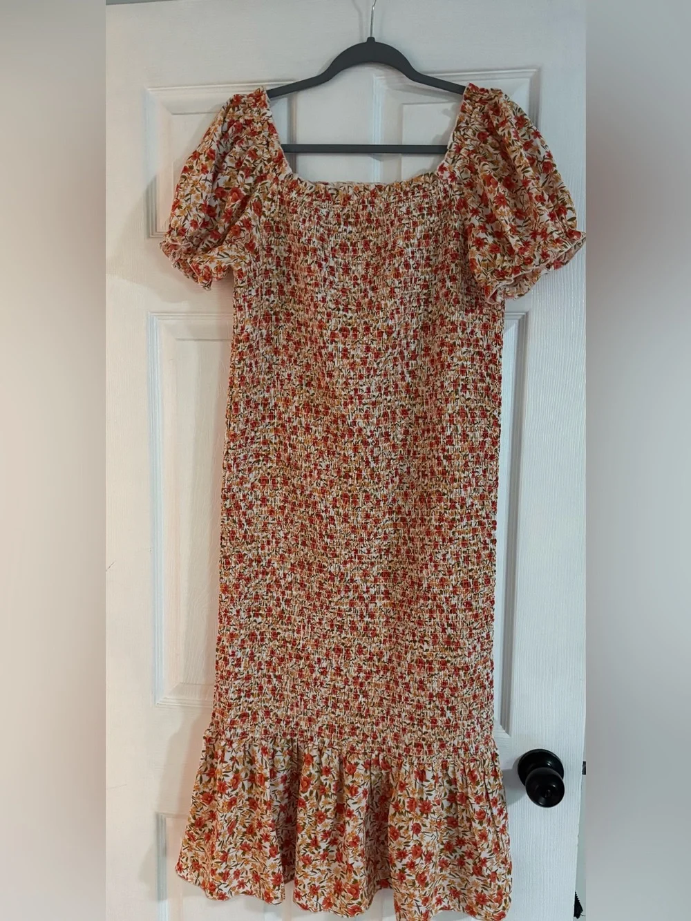 Smocked Floral Midi Dress in Cream and Red